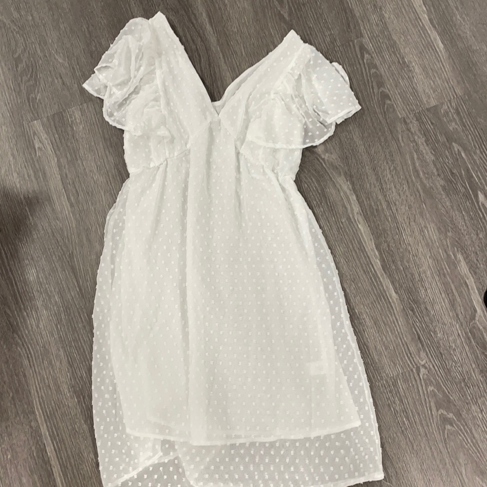 V-Neck White Dotted Empire Mini Dress